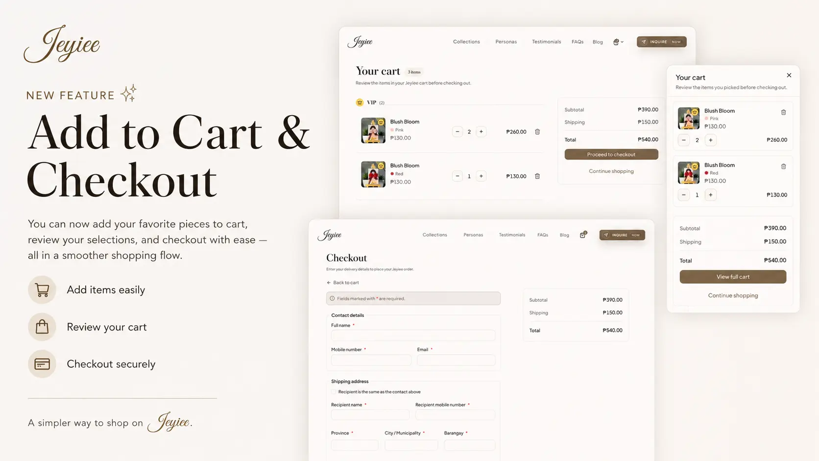 Jeyiee add to cart and checkout feature preview